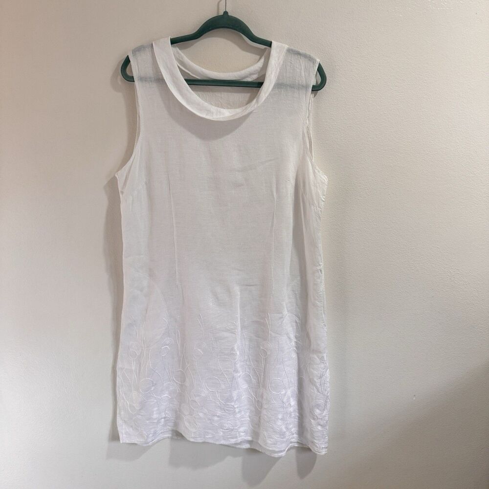 Italian Linen Shirt Dress XL / 1X White Cowl Neck Embroidered Pockets Stretch